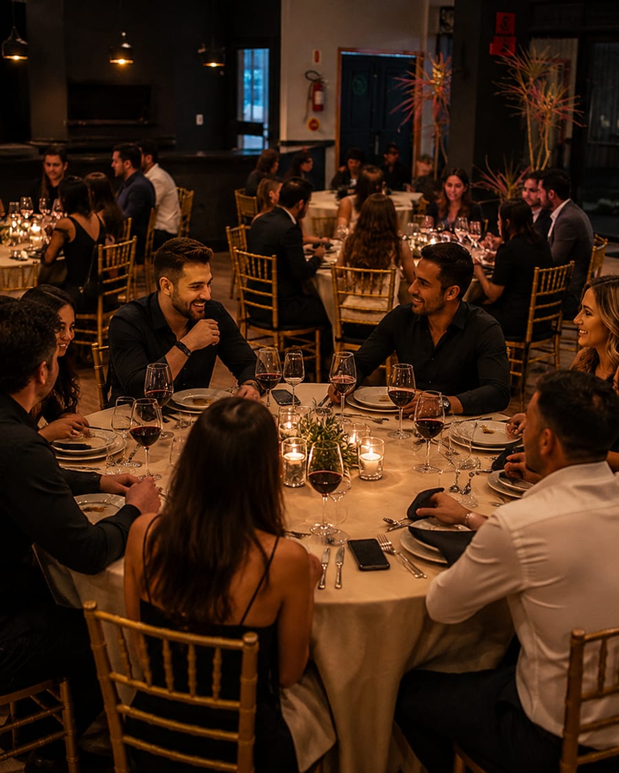 Guests around the table at a candlelit dinner